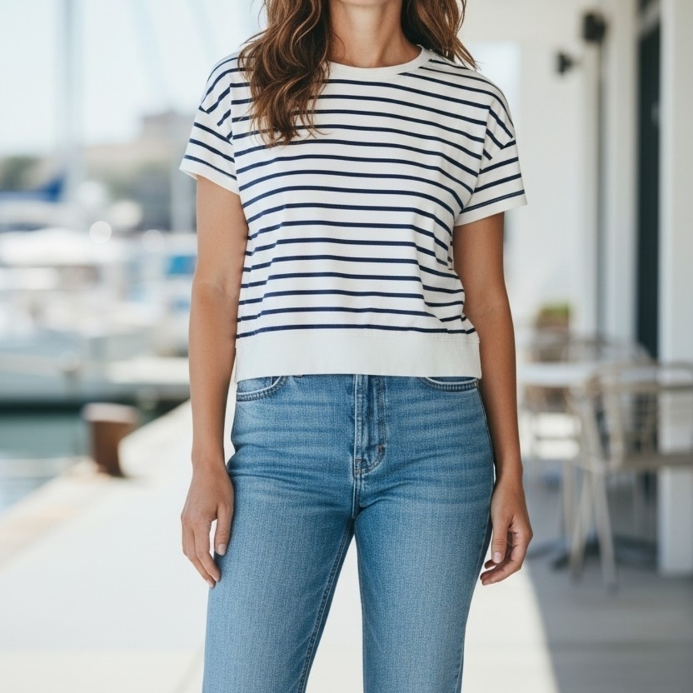 Lauren Ralph Lauren Navy and White Striped L Top ‎  Y2k Nautical Preppy Timeless